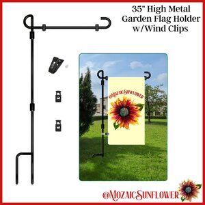 NWT PACKAGED BLACK RUST RESISTANT METAL 35" GARDEN FLAG HOLDER WITH WIND CLIPS
